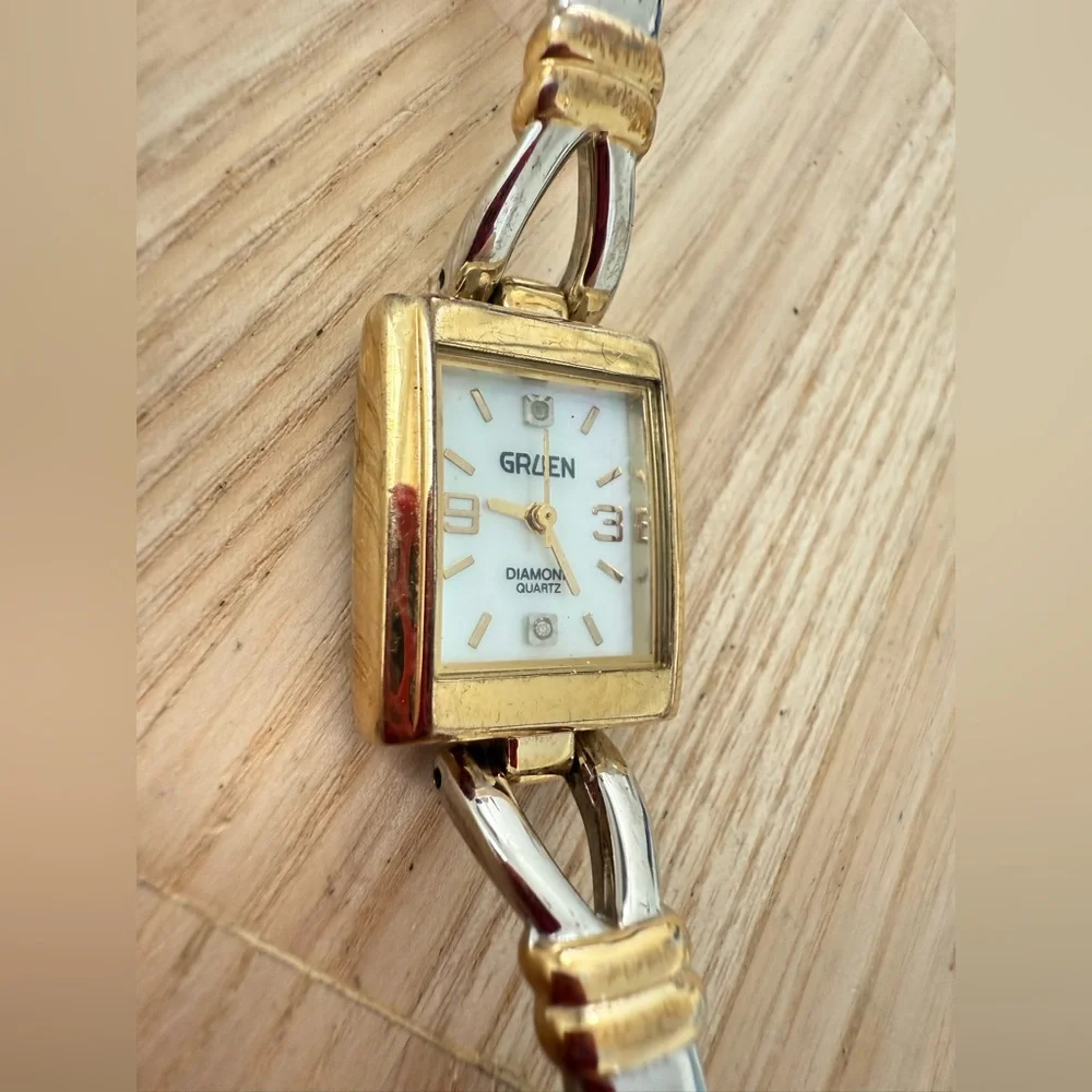 Vintage Gruen ladies diamond rectangular two tone dress watch NEW BATTERY
